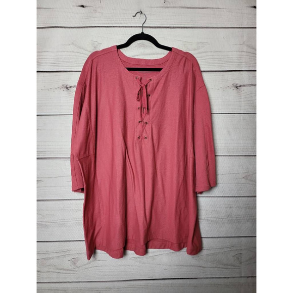 Woman Within Tops - Woman Within Womens Tunic Top Pink 3/4 Sleeve Lace Up Solid Blouse Boho Plus 2X